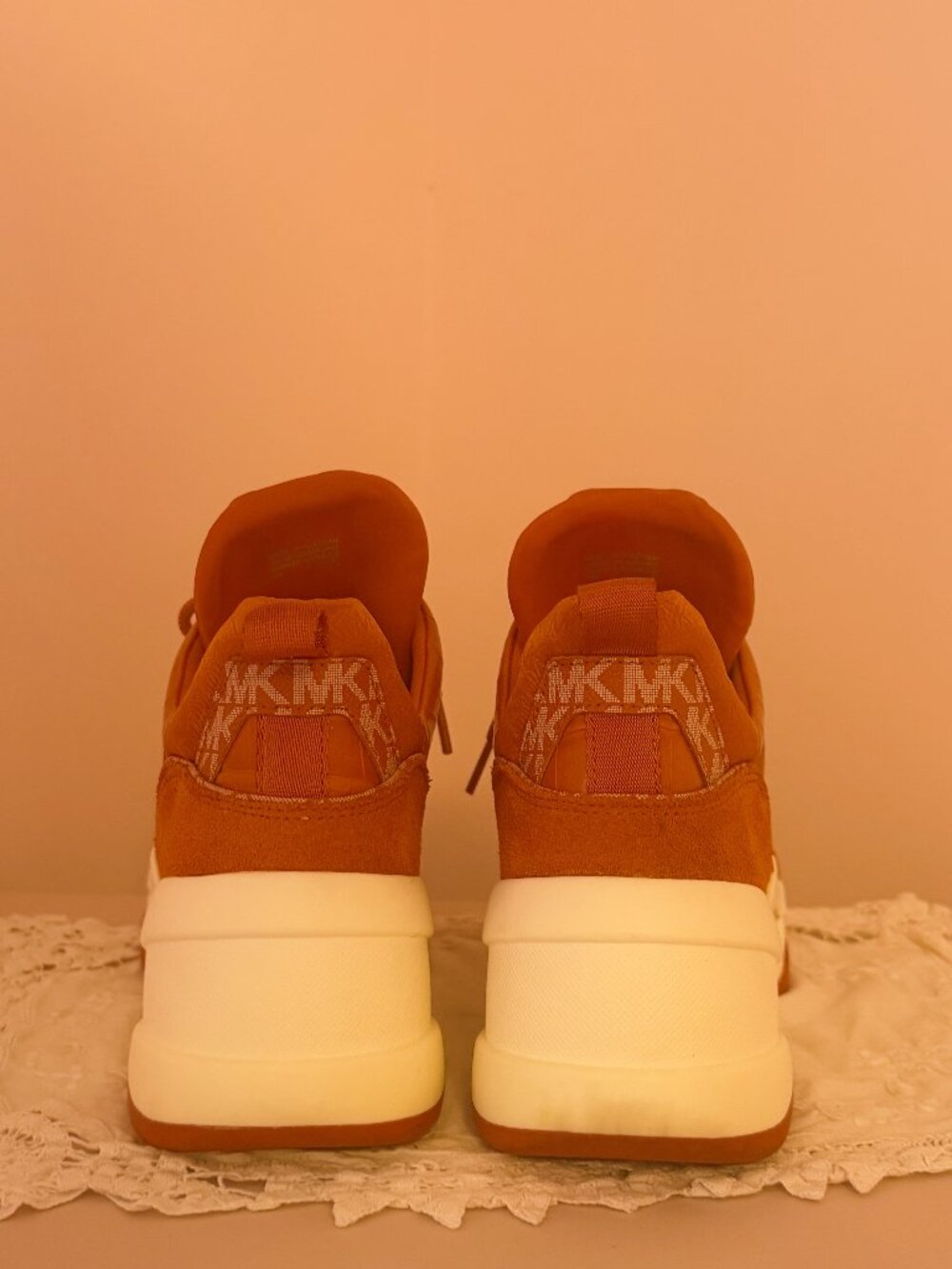 Michael Kors Olympia Logo Orange Jacquard Crocodile Embossed Leather Trainer - Picture 6 of 7